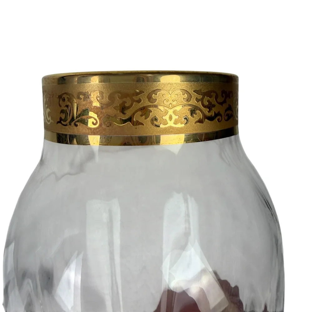 Vintage Lenox Crystal Glass Paneled Vase Gold Encrusted Scroll Rim Ribbed 8